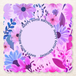 Moeder 60e verjaardag roze en blauw bloemfoto kartonnen onderzetters