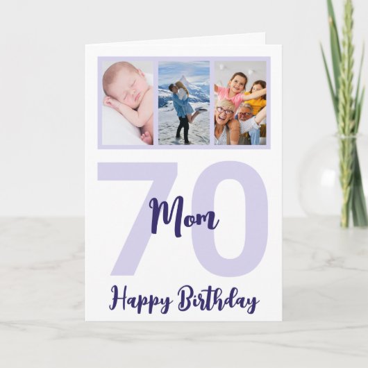 Moeder 70e Verjaardag Paarse Script Fotocollage Kaart (Voorkant)