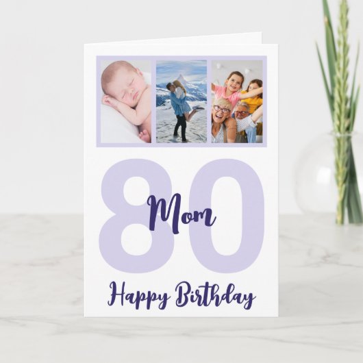 Moeder 80e Verjaardag Paarse Script Fotocollage Kaart (Voorkant)