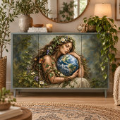 Moeder Aarde Vrouw Die Globe Decoupage Vasthoudt Tissuepapier