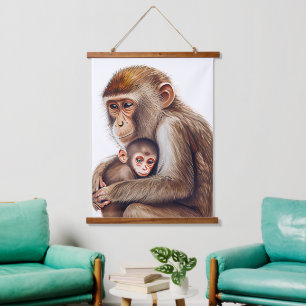 Moeder & Baby Aap Waterverf Hangend Wandkleed
