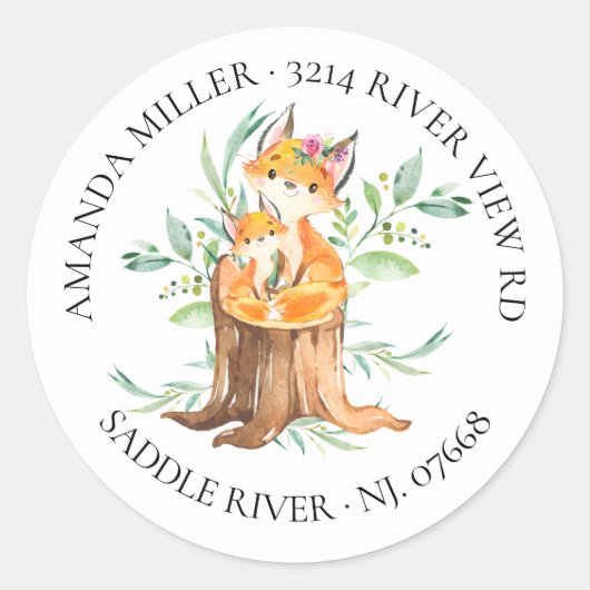Moeder & Baby Fox Baby shower retour adreslabel Ronde Sticker (Voorkant)