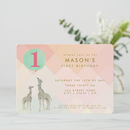 MOEDER & BABY GIRAFFE & BALLON | BIRTHDAY KAART (Staand voorkant)