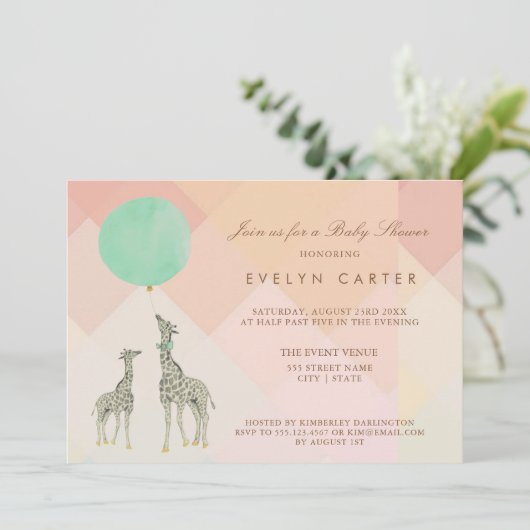 MOEDER & BABY GIRAFFE & BALLOON | BABY SHOWER KAART (Staand voorkant)