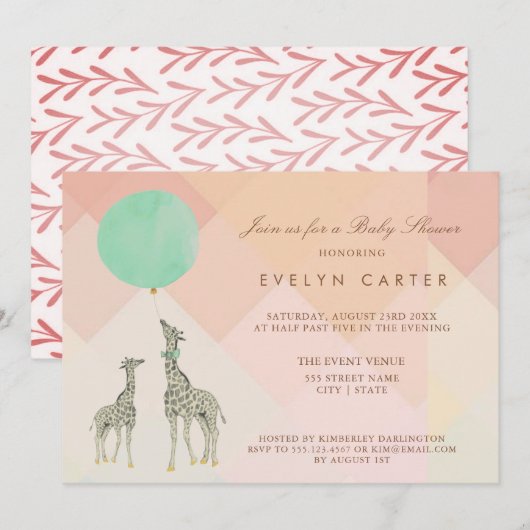 MOEDER & BABY GIRAFFE & BALLOON | BABY SHOWER KAART (Voorkant / Achterkant)