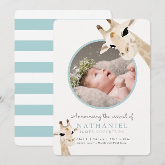 Moeder & Baby Giraffe Blauwe Foto Geboorteaankondi Kaart (Voorkant / Achterkant)