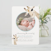 Moeder & Baby Giraffe Blauwe Foto Geboorteaankondi Kaart (Staand voorkant)