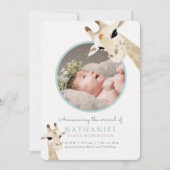 Moeder & Baby Giraffe Blauwe Foto Geboorteaankondi Kaart (Voorkant)