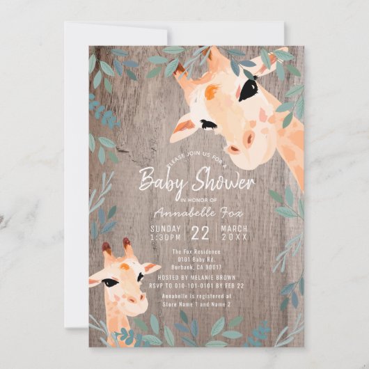 Moeder & Baby Giraffe Rustiek Hout Baby shower Kaart (Voorkant)