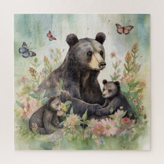 Moeder Beer Cubs Butterflies Flowers Painting Legpuzzel (Verticaal)