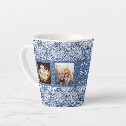 Moeder blauw denim kant foto collage latte mok (Linkerhoek)