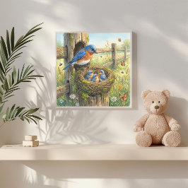 Moeder Blauwe Vogel en Haar Kuikens Kwekerij Poster