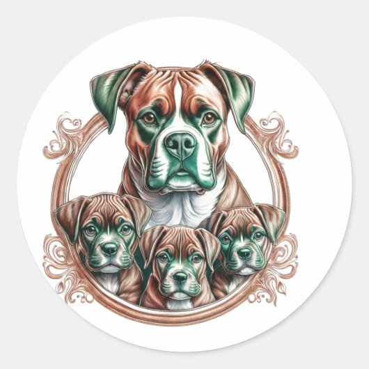 Moeder Boxer En Haar 3 Pups Ronde Sticker (Voorkant)