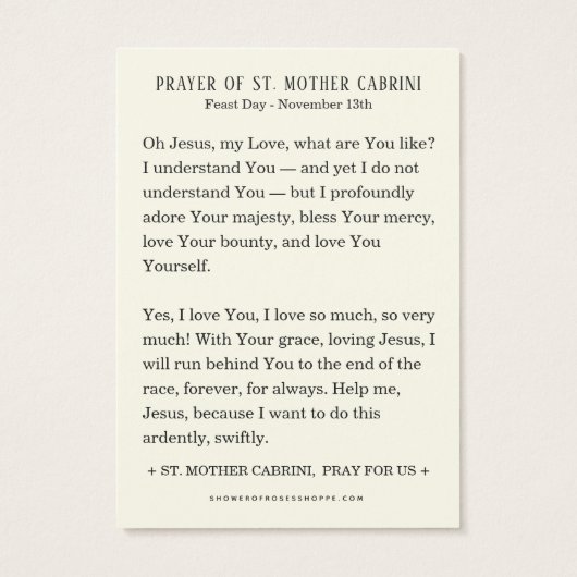 Moeder Cabrini Katholiek Nun Gebed Visitekaartje (Achterkant)