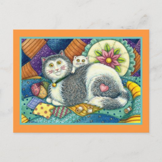 MOEDER CAT EN KITTEN, PATCHWORK QUILTS, PINCUSHION BRIEFKAART (Voorkant)