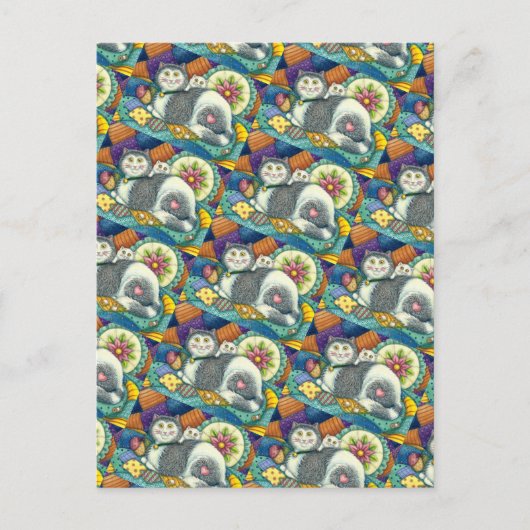 MOEDER CAT EN KITTEN, PATCHWORK QUILTS, PINCUSHION BRIEFKAART (Voorkant)