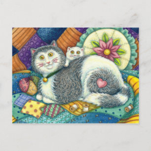 MOEDER CAT EN KITTEN, PATCHWORK QUILTS, PINCUSHION BRIEFKAART
