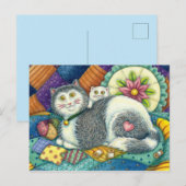 MOEDER CAT EN KITTEN, PATCHWORK QUILTS, PINCUSHION BRIEFKAART (Voorkant / Achterkant)