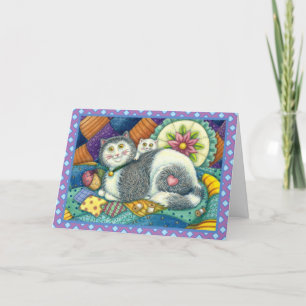 MOEDER CAT EN KITTEN, PATCHWORK QUILTS, PINCUSHION FEESTDAGEN KAART