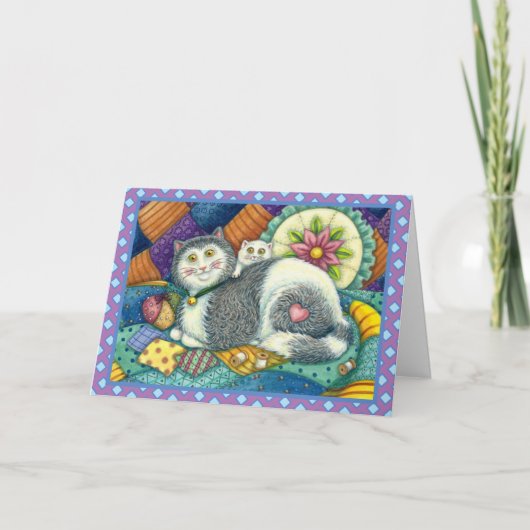 MOEDER CAT EN KITTEN, PATCHWORK QUILTS, PINCUSHION FEESTDAGEN KAART (Voorkant)