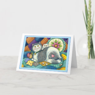 MOEDER CAT EN KITTEN, PATCHWORK QUILTS, PINCUSHION FEESTDAGEN KAART