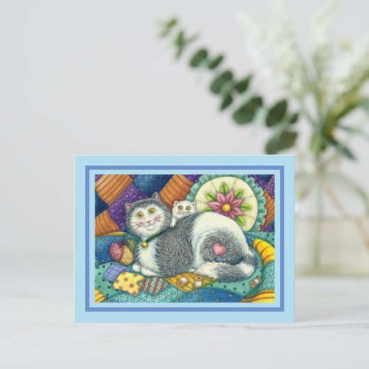 MOEDER CAT EN KITTEN, PATCHWORK QUILTS, PINCUSHION FEESTDAGENKAART (Staand voorkant)