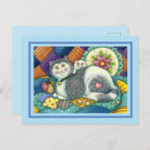 MOEDER CAT EN KITTEN, PATCHWORK QUILTS, PINCUSHION FEESTDAGENKAART (Voorkant / Achterkant)