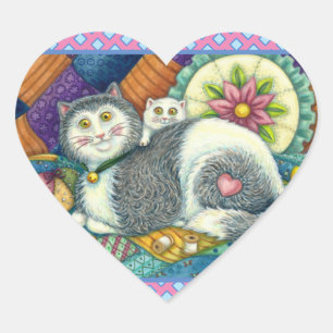 MOEDER CAT EN KITTEN, PATCHWORK QUILTS, PINCUSHION HART STICKER