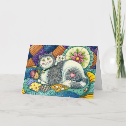 MOEDER CAT EN KITTEN, PATCHWORK QUILTS, PINCUSHION KAART (Voorkant)