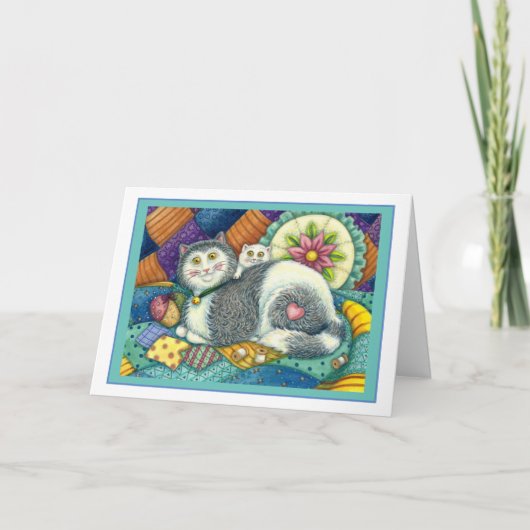 MOEDER CAT EN KITTEN, PATCHWORK QUILTS, PINCUSHION KAART (Voorkant)