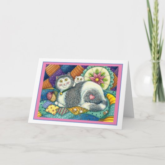 MOEDER CAT EN KITTEN, PATCHWORK QUILTS, PINCUSHION KAART (Voorkant)