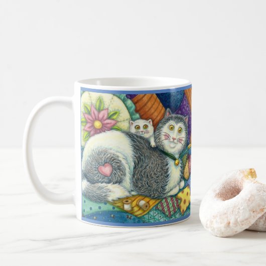 MOEDER CAT EN KITTEN, PATCHWORK QUILTS, PINCUSHION KOFFIEMOK (Met donut)