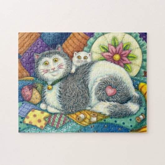 MOEDER CAT EN KITTEN, PATCHWORK QUILTS, PINCUSHION LEGPUZZEL (Horizontaal)