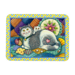 MOEDER CAT EN KITTEN, PATCHWORK QUILTS, PINCUSHION MAGNEET