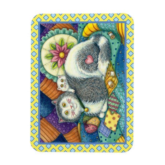 MOEDER CAT EN KITTEN, PATCHWORK QUILTS, PINCUSHION MAGNEET (Verticaal)
