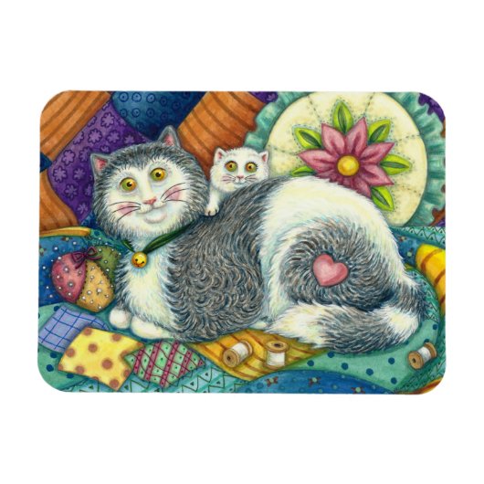 MOEDER CAT EN KITTEN, PATCHWORK QUILTS, PINCUSHION MAGNEET (Horizontaal)