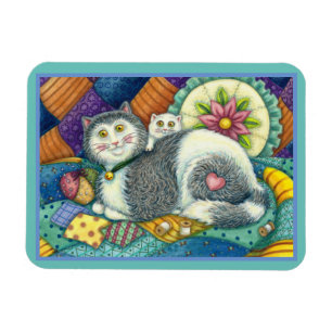MOEDER CAT EN KITTEN, PATCHWORK QUILTS, PINCUSHION MAGNEET