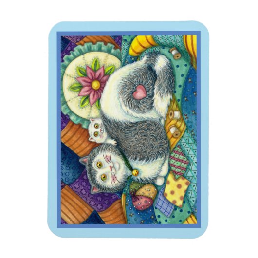 MOEDER CAT EN KITTEN, PATCHWORK QUILTS, PINCUSHION MAGNEET (Verticaal)
