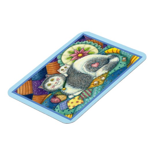 MOEDER CAT EN KITTEN, PATCHWORK QUILTS, PINCUSHION MAGNEET (Linkerzijde)