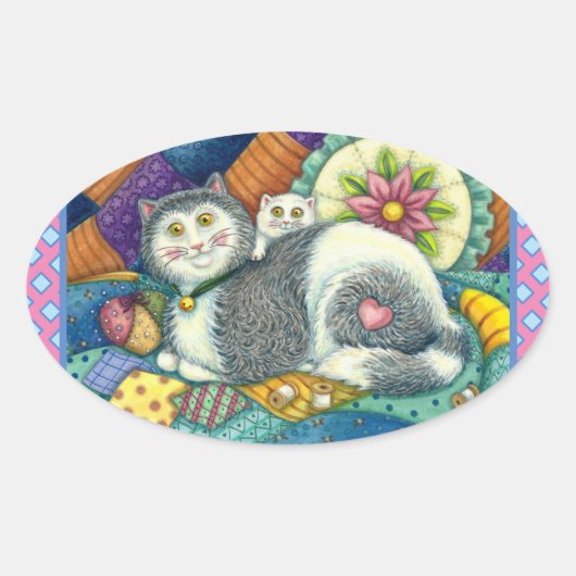 MOEDER CAT EN KITTEN, PATCHWORK QUILTS, PINCUSHION OVALE STICKER (Voorkant)