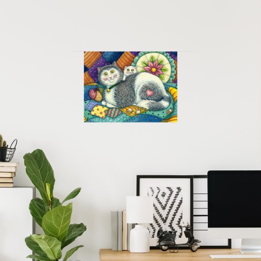 MOEDER CAT EN KITTEN, PATCHWORK QUILTS, PINCUSHION POSTER (Thuiskantoor)