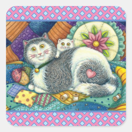 MOEDER CAT EN KITTEN, PATCHWORK QUILTS, PINCUSHION VIERKANTE STICKER (Voorkant)