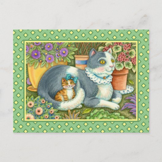 MOEDER CAT EN KITTEN, POTTE STROMEN, BOWS EN LACE BRIEFKAART (Voorkant)