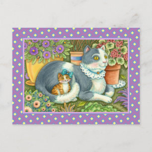 MOEDER CAT EN KITTEN, POTTE STROMEN, BOWS EN LACE BRIEFKAART