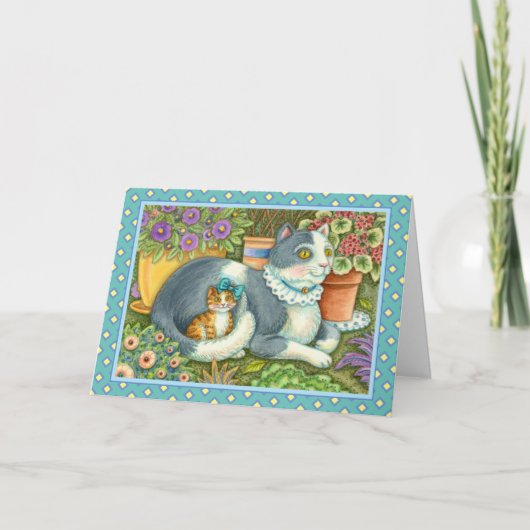 MOEDER CAT EN KITTEN, POTTE STROMEN, BOWS EN LACE FEESTDAGEN KAART (Voorkant)