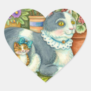 MOEDER CAT EN KITTEN, POTTE STROMEN, BOWS EN LACE HART STICKER