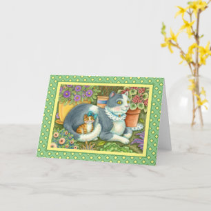 MOEDER CAT EN KITTEN, POTTE STROMEN, BOWS EN LACE KAART
