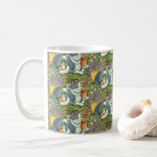 MOEDER CAT EN KITTEN, POTTE STROMEN, BOWS EN LACE KOFFIEMOK