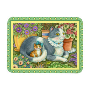 MOEDER CAT EN KITTEN, POTTE STROMEN, BOWS EN LACE MAGNEET