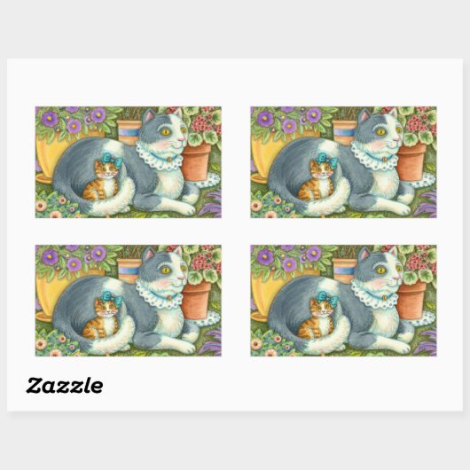 MOEDER CAT EN KITTEN, POTTE STROMEN, BOWS EN LACE RECHTHOEKIGE STICKER (Vel)